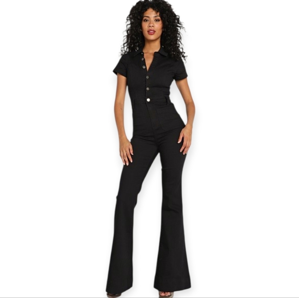 Show Me Your Mumu Everhart Black Flare Denim Jumpsuit XL Western Stretch NWT
